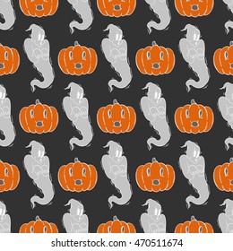 Halloween seamless pattern. Hand drawn retro cartoon style. Jack latern and ghost