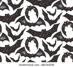 Halloween seamless pattern with hand drawn bats in sketch style. Endless vector background.