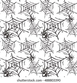 Halloween seamless pattern with hand drawn spiders on web in sketch style. Endless vector background.