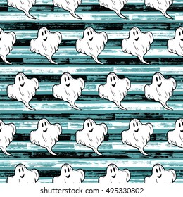 Halloween Seamless pattern. Hand Drawn Doodle Smiling Ghost on grunge striped background, Vector illustration