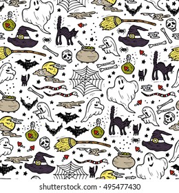 Halloween Seamless pattern. Hand Drawn Doodle various halloween night holiday elements