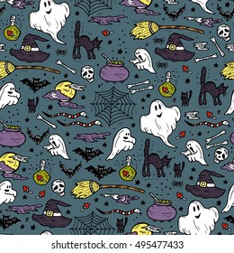 Halloween Seamless pattern. Hand Drawn Doodle various halloween night holiday elements