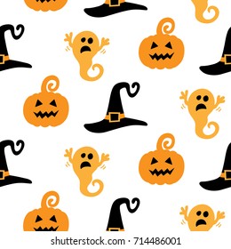 Halloween seamless pattern with hand drawn ghosts and witch hats doodles. Vector illustration