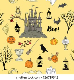 Halloween Seamless Pattern with  hand drawn elements. Halloween decorations with  pumpkin,  ghost,  castle, moon and trees. Vector Illustration