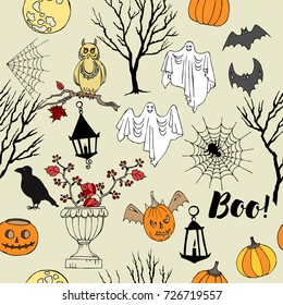 Halloween Seamless Pattern with  hand drawn elements. Halloween decorations with  pumpkin,  ghost,  castle, moon and trees. Vector Illustration