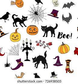 Halloween Seamless Pattern with  hand drawn elements. Halloween decorations with  pumpkins and cats. Vector Illustration