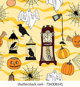 Halloween Seamless Pattern with  hand drawn elements. Halloween decorations with  pumpkin,  ghost,  castle, moon and trees. Vector Illustration