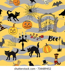 Halloween Seamless Pattern with  hand drawn elements. Halloween decorations with  pumpkin, cat and trees. Vector Illustration