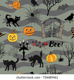 Halloween Seamless Pattern with  hand drawn elements. Halloween decorations with  pumpkin, cat and trees. Vector Illustration