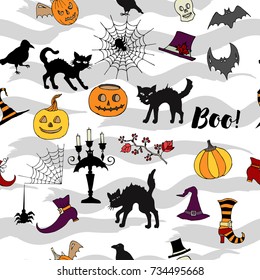 Halloween Seamless Pattern with  hand drawn elements. Halloween decorations with  pumpkin, cat and trees. Vector Illustration