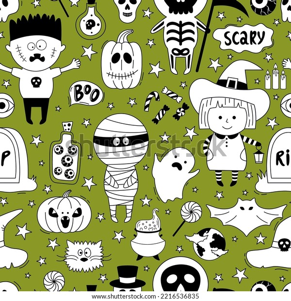 Halloween seamless pattern. Hand drawn vector\
background with skull, witch, spider, mummy, cobweb, speech bubbles\
and short phrases. It can be used for Halloween parties,\
wallpapers, textiles,\
paper.