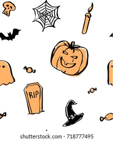 Halloween seamless pattern. Hand-drawn elements of Halloween with orange fill.