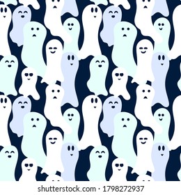 Halloween seamless pattern, hand-drawn ghosts. Background for fabric, paper, and other surfaces