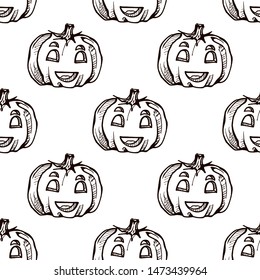 Halloween seamless pattern with handdrawn pumpkins on white background. Suitable for packaging, wrappers, fabric design.