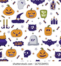 Halloween seamless pattern. Hand-drawn vector illustration with pumpkins, tombstone, skull, ghost, bat, hat, cat and etc. It can be used for wallpaper, wrapping, textile. 