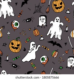 Halloween seamless pattern. Hand-drawn vector illustration. It can be used for wallpaper, wrapping, textile. Ghost, sinister pumpkin, broom, worms, mushrooms, bat, spider, candy, tombstone, spider.