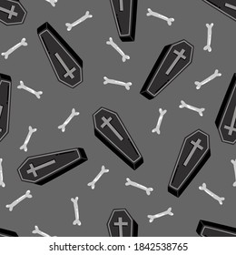 Halloween seamless pattern. Hand-drawn vector illustration with coffin and bones