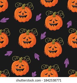 Halloween seamless pattern. Hand-drawn vector illustration with pumpkins