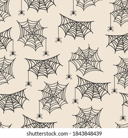 Halloween seamless pattern. Hand-drawn vector illustration with spider web and spider