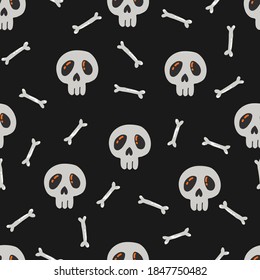 Halloween seamless pattern. Hand-drawn vector illustration with skull and bones