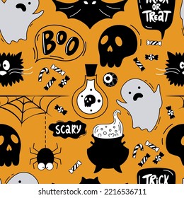 Halloween seamless pattern. Hand-drawn vector background with skull, eye, spider, web, speech bubbles, and short phrases. It can be used for Halloween parties, wallpaper, textiles, paper.