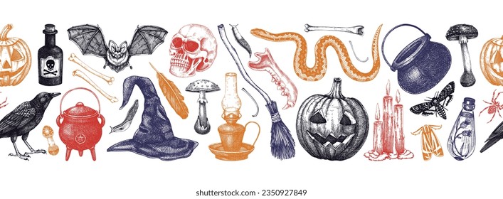 Halloween seamless pattern. Hand-drawn vector illustration. Skull, bones, pumpkin, poison, snakes, broom, witch hat,  mushrooms sketches. Autumn border. Repeating background design