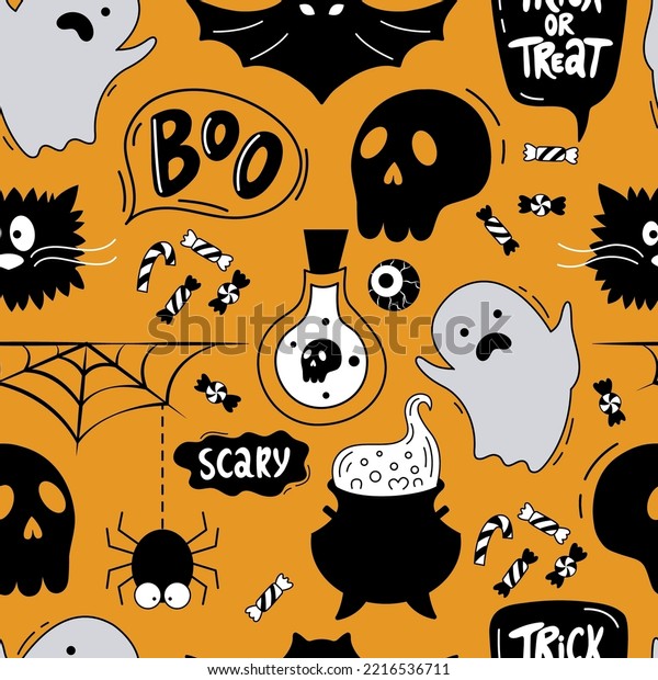 Halloween\
seamless pattern. Hand-drawn vector background with skull, eye,\
spider, web, speech bubbles, and short phrases. It can be used for\
Halloween parties, wallpaper, textiles,\
paper.