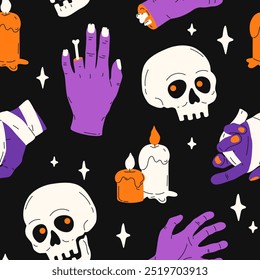 Dia das Bruxas padrão sem emenda com mãos zumbi, escamas, velas. Caracteres vetoriais lindos. Design plano para decoração de Halloween. Fundo assustador desenhado à mão para impressão, cartaz, banner, papel de embrulho.