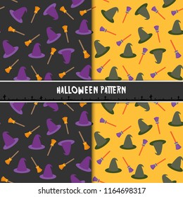 Halloween seamless pattern with hat and broom. Design for background, wallpaper or gift wrapping paper. Vector illustration. 
