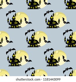 Halloween seamless pattern with Haunted House with Moon and bats.