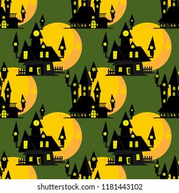 Halloween seamless pattern with Haunted House with Full Moon.