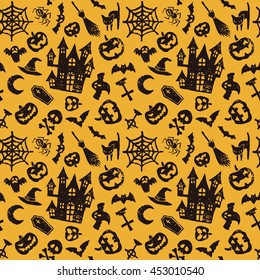 Halloween seamless pattern, haunted house, jack o lantern, bat and ghost