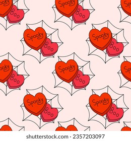 Halloween seamless pattern with hearts candies and webs. Spooky and Boo. Autumn seasonal background. Vector flat illustration.