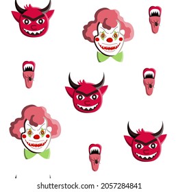 Halloween seamless pattern with heck and clown. Vector scary holiday background