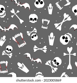 Patrón sin fisuras de Halloween. Accesorios de vacaciones en fondo gris. Ilustración del vector