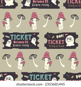 Halloween Seamless pattern. Holiday background. Hand drawn doodle ticket with cute spooky ghost, mushrooms, fly agaric. Autumn holiday of dead. Vector Cartoon illustration for print, wrapping paper
