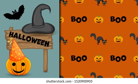 Halloween seamless pattern and holiday card. Cartoon style. Vector illustration.