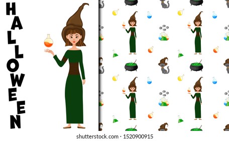 Halloween seamless pattern and holiday card. Cartoon style. Vector illustration.