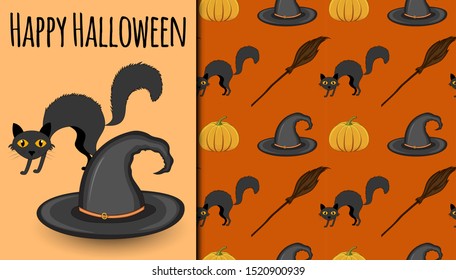 Halloween seamless pattern and holiday card. Cartoon style. Vector illustration.