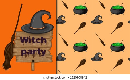 Halloween seamless pattern and holiday card. Cartoon style. Vector illustration.