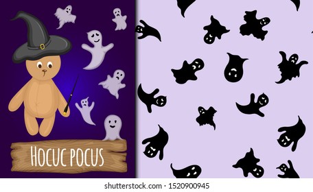 Halloween seamless pattern and holiday card. Cartoon style. Vector illustration.