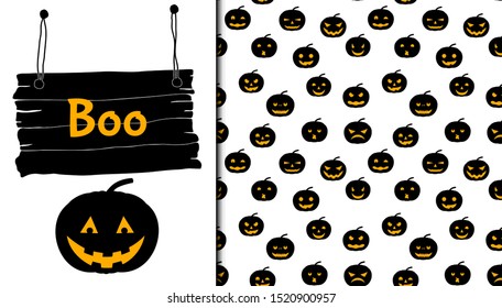 Halloween seamless pattern and holiday card. Cartoon style. Vector illustration.