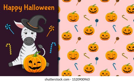 Halloween seamless pattern and holiday card. Cartoon style. Vector illustration.