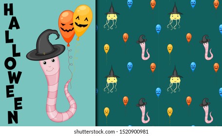 Halloween seamless pattern and holiday card. Cartoon style. Vector illustration.