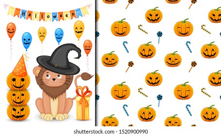 Halloween seamless pattern and holiday card. Cartoon style. Vector illustration.