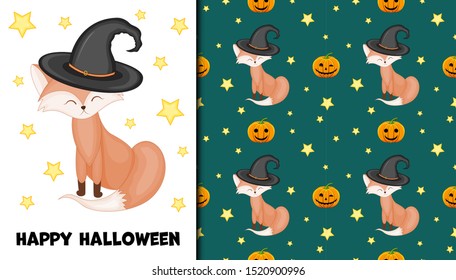 Halloween seamless pattern and holiday card. Cartoon style. Vector illustration.