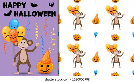 Halloween seamless pattern and holiday card. Cartoon style. Vector illustration.