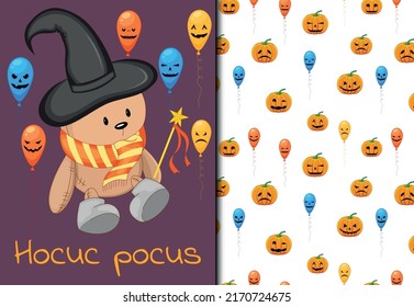Halloween seamless pattern and holiday card. Cartoon style. Vector illustration.