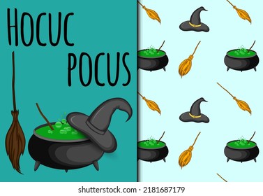 Halloween seamless pattern and holiday card. Cartoon style. Vector illustration.