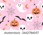Halloween seamless pattern. Holiday design with pumpkin jack-o-lantern and web, bat and sweets, skull. Halloween background